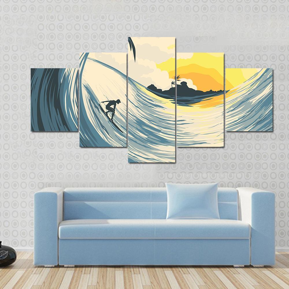 Tropical Island Wave And Surfer At Sunset Canvas Wall Art-5 Star-Gallery Wrap-62" x 32"-Tiaracle