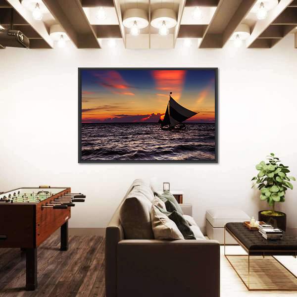 Tropical Sunset With Sailboat Canvas Wall Art-3 Horizontal-Gallery Wrap-25" x 16"-Tiaracle