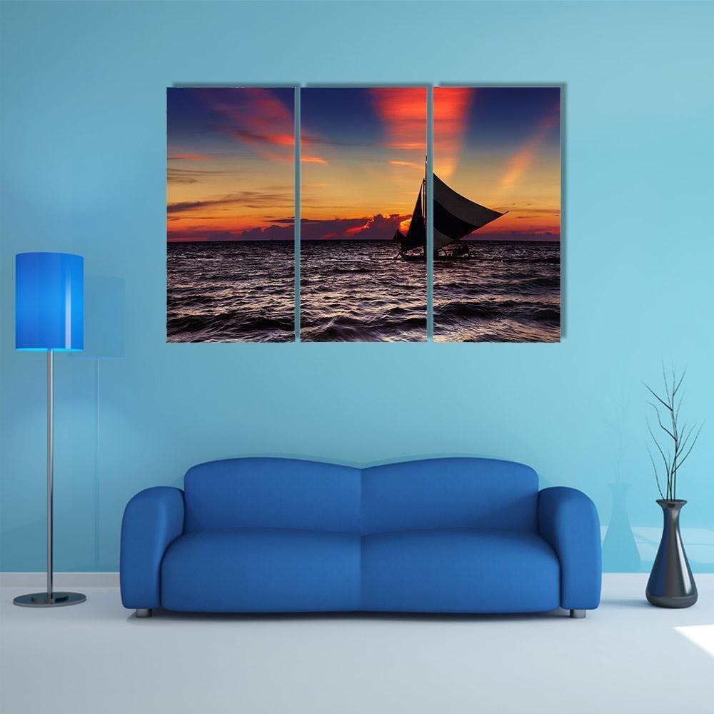 Tropical Sunset With Sailboat Canvas Wall Art-3 Horizontal-Gallery Wrap-37" x 24"-Tiaracle