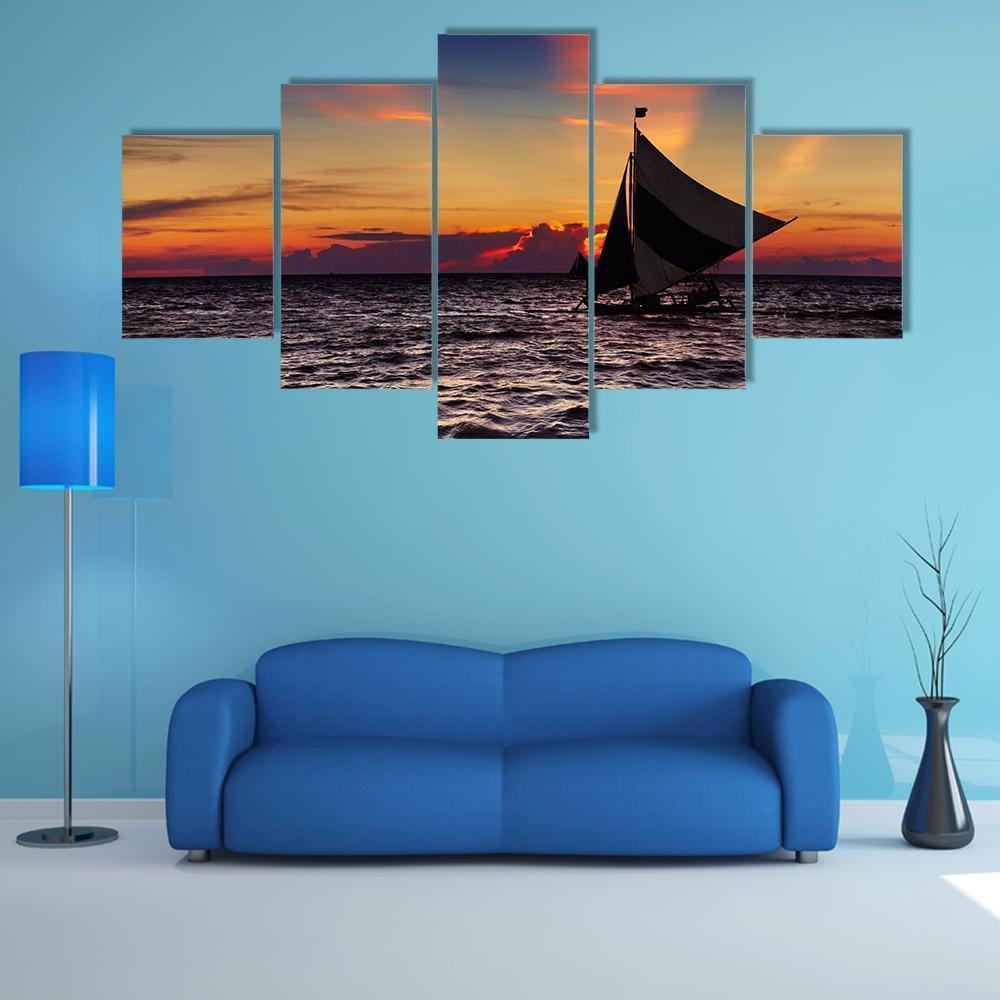 Tropical Sunset With Sailboat Canvas Wall Art-5 Star-Gallery Wrap-62" x 32"-Tiaracle