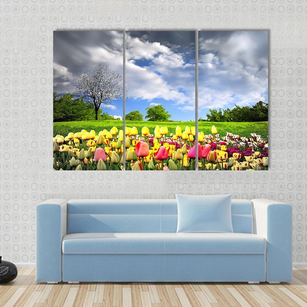 Tulips & Spring Meadow Canvas Wall Art-3 Horizontal-Gallery Wrap-37" x 24"-Tiaracle