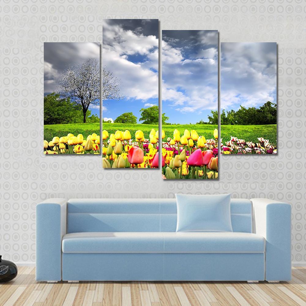 Tulips & Spring Meadow Canvas Wall Art-4 Pop-Gallery Wrap-50" x 32"-Tiaracle