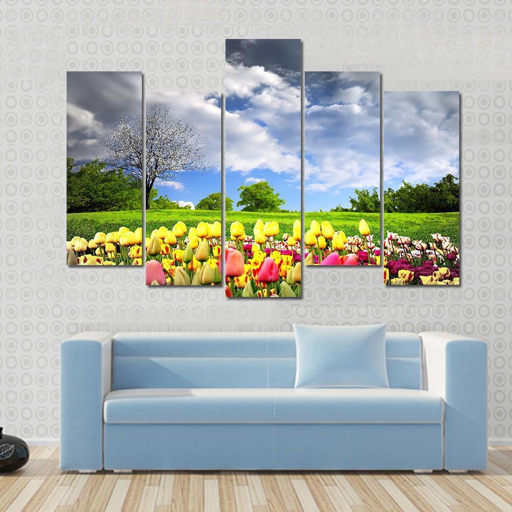 Tulips & Spring Meadow Canvas Wall Art-5 Pop-Gallery Wrap-47" x 32"-Tiaracle