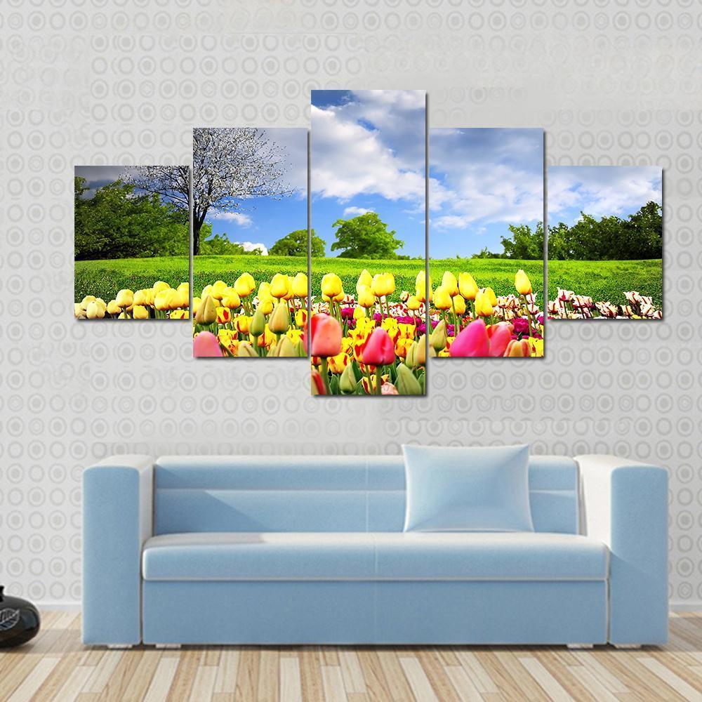 Tulips & Spring Meadow Canvas Wall Art-5 Star-Gallery Wrap-62" x 32"-Tiaracle