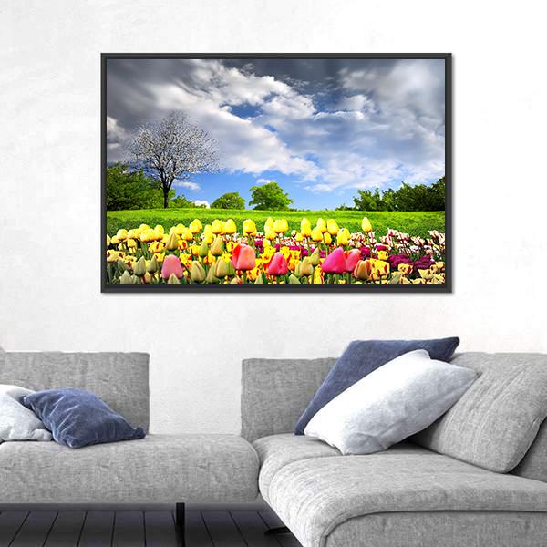 Tulips & Spring Meadow Canvas Wall Art-1 Piece-Floating Frame-24" x 16"-Tiaracle