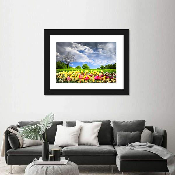 Tulips & Spring Meadow Canvas Wall Art-1 Piece-Framed Print-20" x 16"-Tiaracle