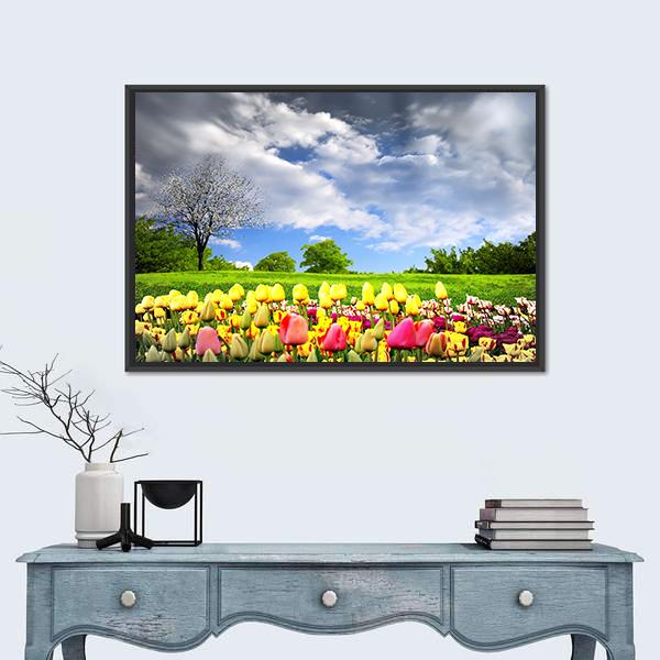 Tulips & Spring Meadow Canvas Wall Art-3 Horizontal-Gallery Wrap-25" x 16"-Tiaracle