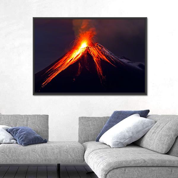 Tungurahua Volcano Eruption At Night Canvas Wall Art-1 Piece-Floating Frame-24" x 16"-Tiaracle