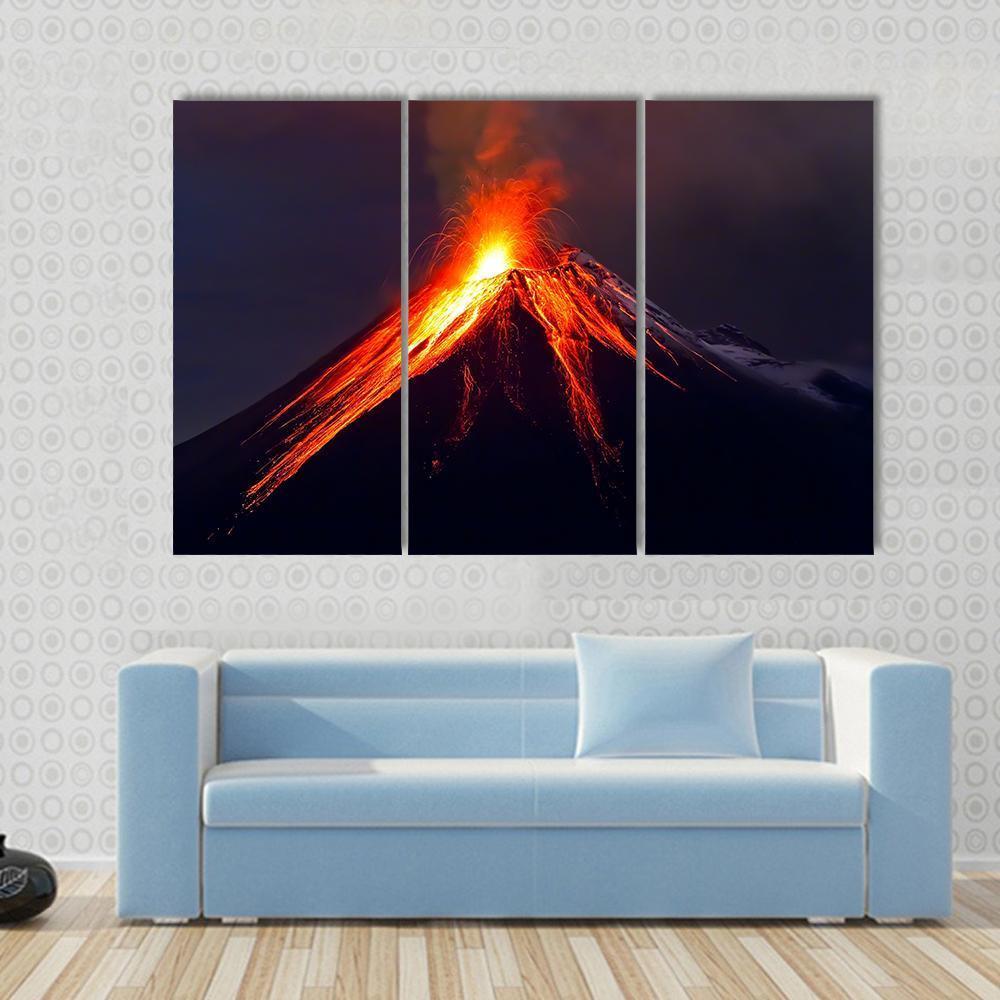 Tungurahua Volcano Eruption At Night Canvas Wall Art-3 Horizontal-Gallery Wrap-37" x 24"-Tiaracle