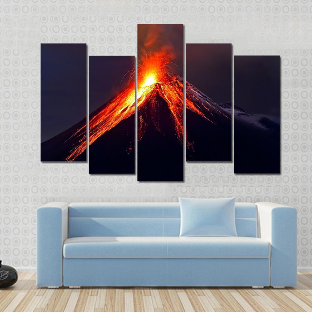 Tungurahua Volcano Eruption At Night Canvas Wall Art-5 Pop-Gallery Wrap-47" x 32"-Tiaracle