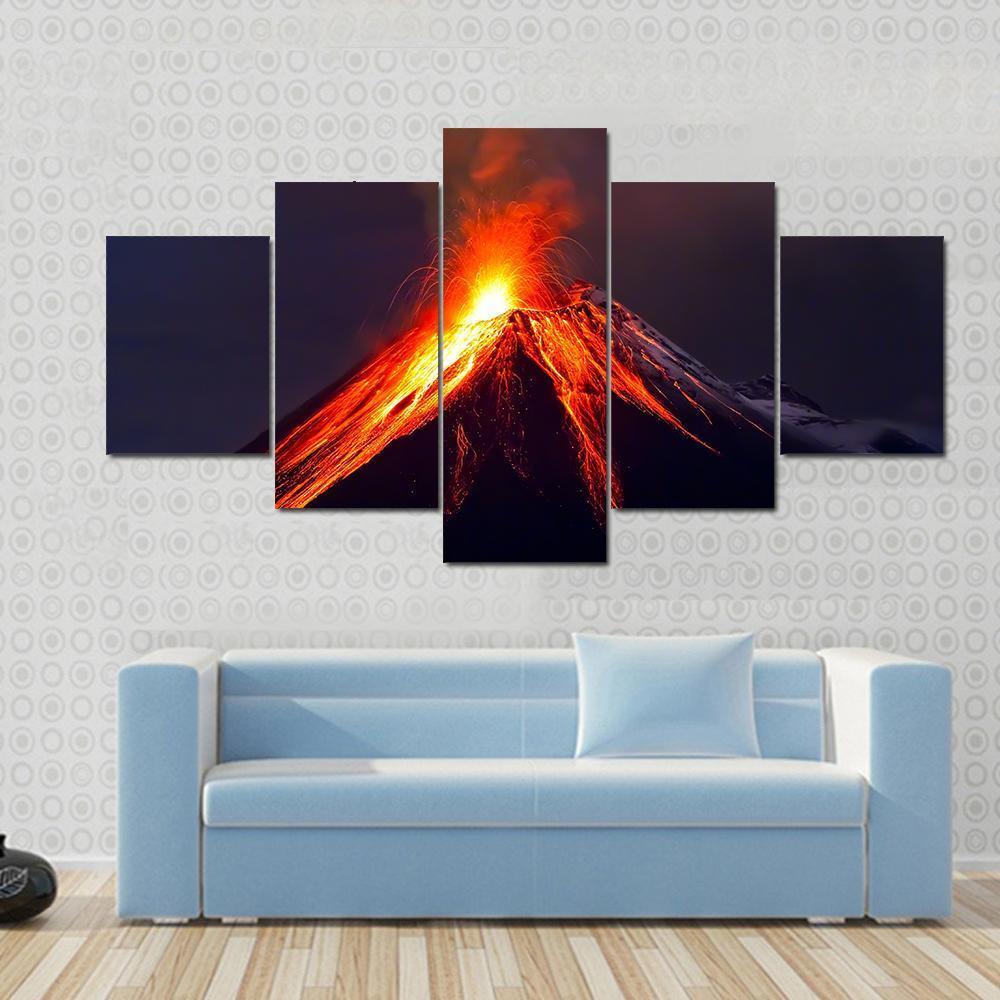 Tungurahua Volcano Eruption At Night Canvas Wall Art-5 Star-Gallery Wrap-62" x 32"-Tiaracle