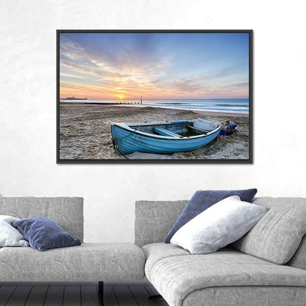 Turquoise Blue Fishing Boat At Sunrise Canvas Wall Art-1 Piece-Floating Frame-24" x 16"-Tiaracle