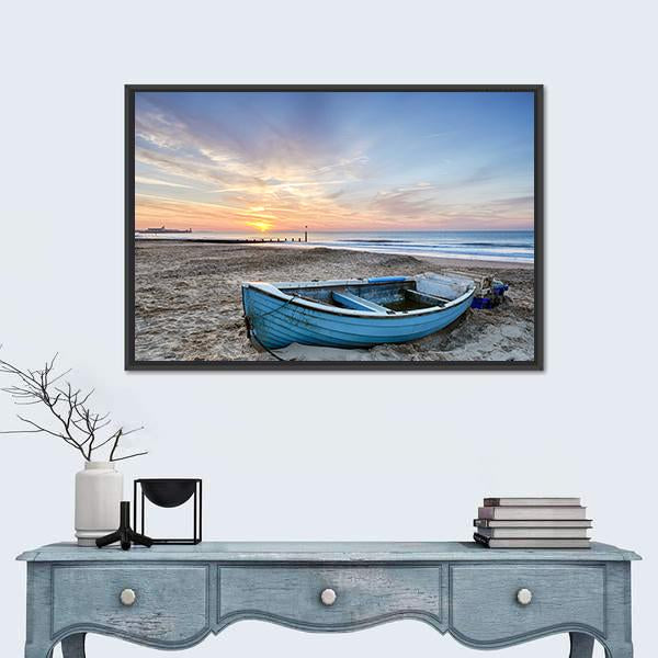 Turquoise Blue Fishing Boat At Sunrise Canvas Wall Art-3 Horizontal-Gallery Wrap-25" x 16"-Tiaracle