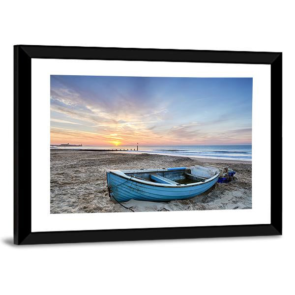 Turquoise Blue Fishing Boat At Sunrise Canvas Wall Art-3 Horizontal-Gallery Wrap-25" x 16"-Tiaracle