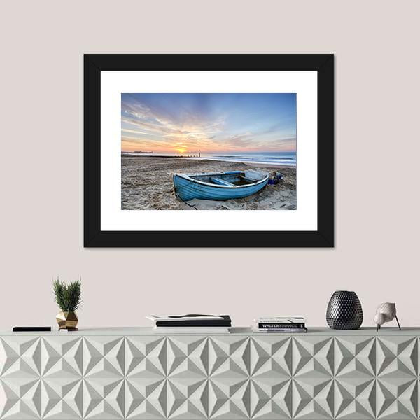 Turquoise Blue Fishing Boat At Sunrise Canvas Wall Art-3 Horizontal-Gallery Wrap-25" x 16"-Tiaracle