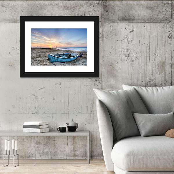 Turquoise Blue Fishing Boat At Sunrise Canvas Wall Art-3 Horizontal-Gallery Wrap-25" x 16"-Tiaracle