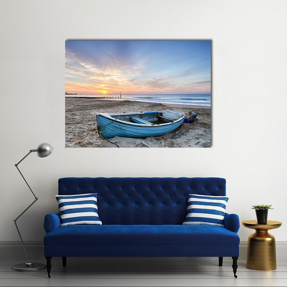 Turquoise Blue Fishing Boat At Sunrise Canvas Wall Art-1 Piece-Gallery Wrap-48" x 32"-Tiaracle