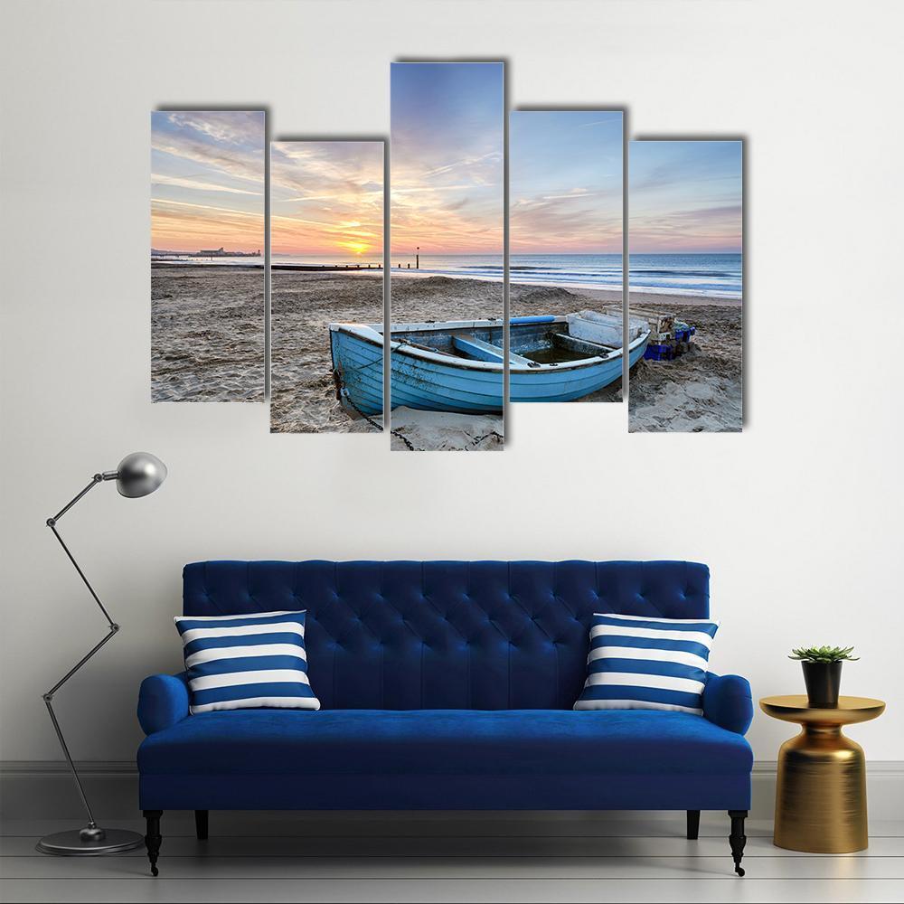 Turquoise Blue Fishing Boat At Sunrise Canvas Wall Art-5 Pop-Gallery Wrap-47" x 32"-Tiaracle