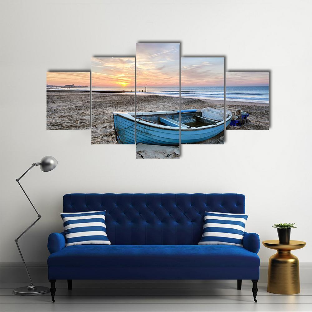 Turquoise Blue Fishing Boat At Sunrise Canvas Wall Art-5 Star-Gallery Wrap-62" x 32"-Tiaracle