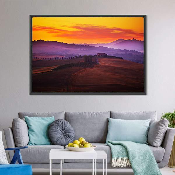Tuscany At Sunset Canvas Wall Art-3 Horizontal-Gallery Wrap-25" x 16"-Tiaracle