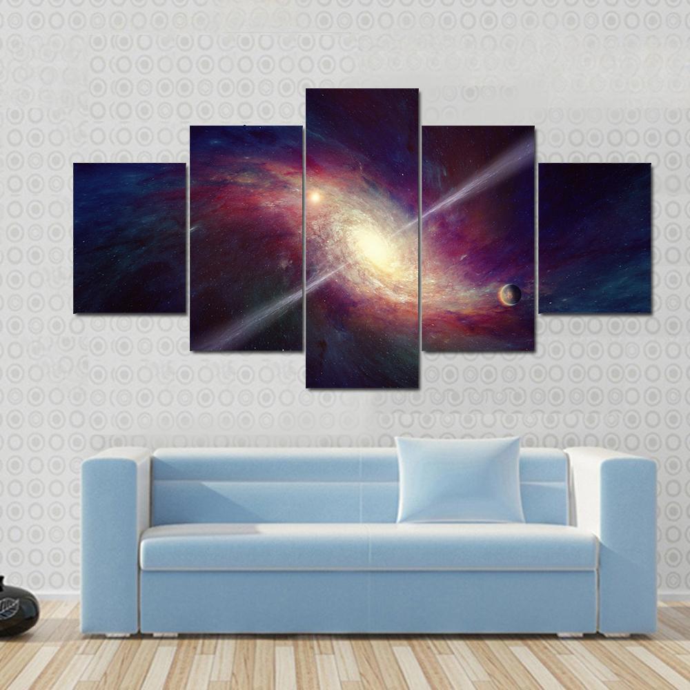 Twisted Galaxy Bright Quasar In Deep Space Canvas Wall Art-5 Star-Gallery Wrap-62" x 32"-Tiaracle