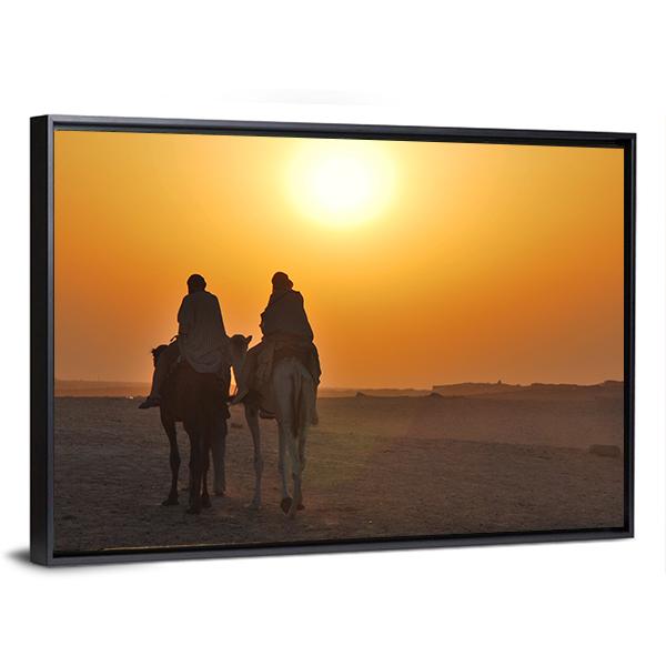 Two Camels Riding Towards Sun In Desert Canvas Wall Art-3 Horizontal-Gallery Wrap-25" x 16"-Tiaracle
