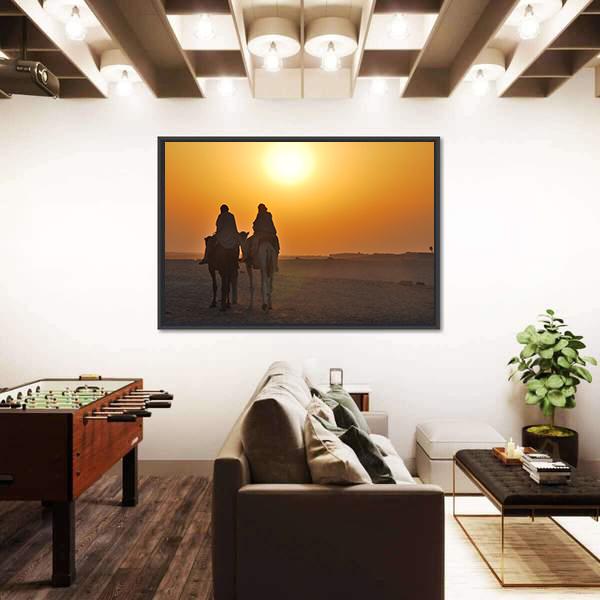 Two Camels Riding Towards Sun In Desert Canvas Wall Art-3 Horizontal-Gallery Wrap-25" x 16"-Tiaracle