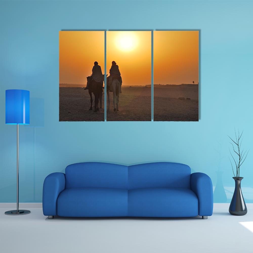 Two Camels Riding Towards Sun In Desert Canvas Wall Art-3 Horizontal-Gallery Wrap-37" x 24"-Tiaracle