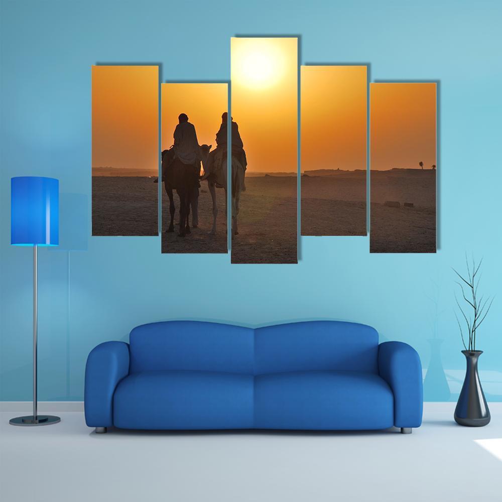 Two Camels Riding Towards Sun In Desert Canvas Wall Art-5 Pop-Gallery Wrap-47" x 32"-Tiaracle