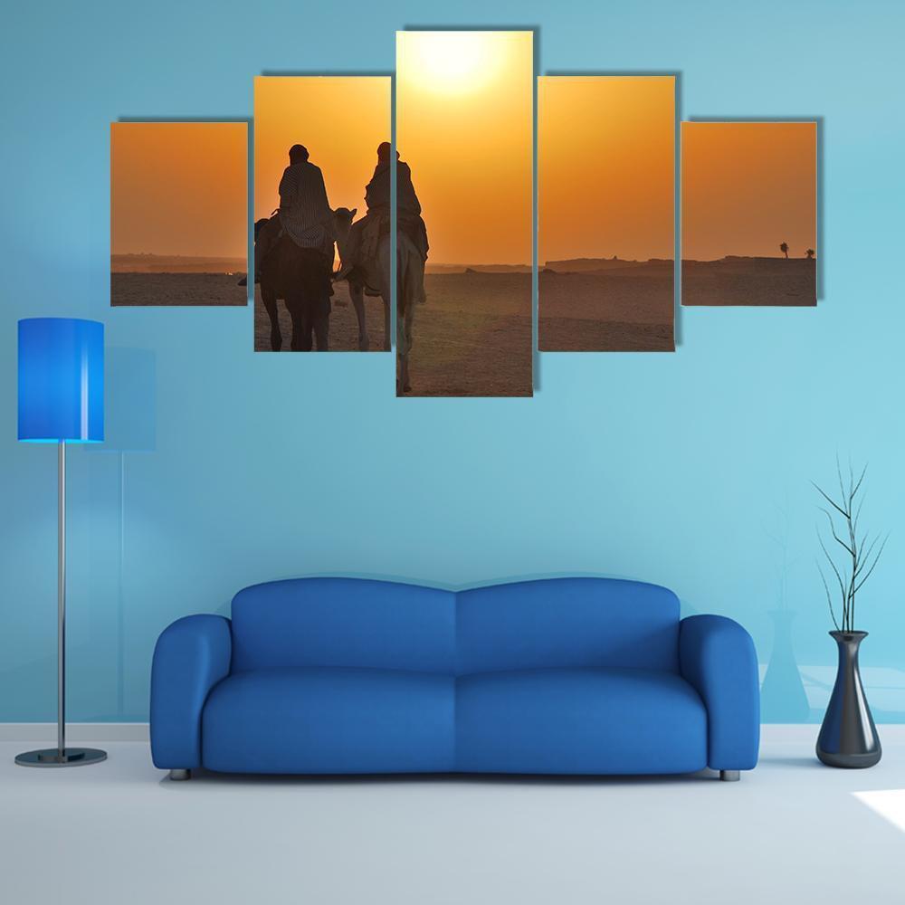 Two Camels Riding Towards Sun In Desert Canvas Wall Art-5 Star-Gallery Wrap-62" x 32"-Tiaracle