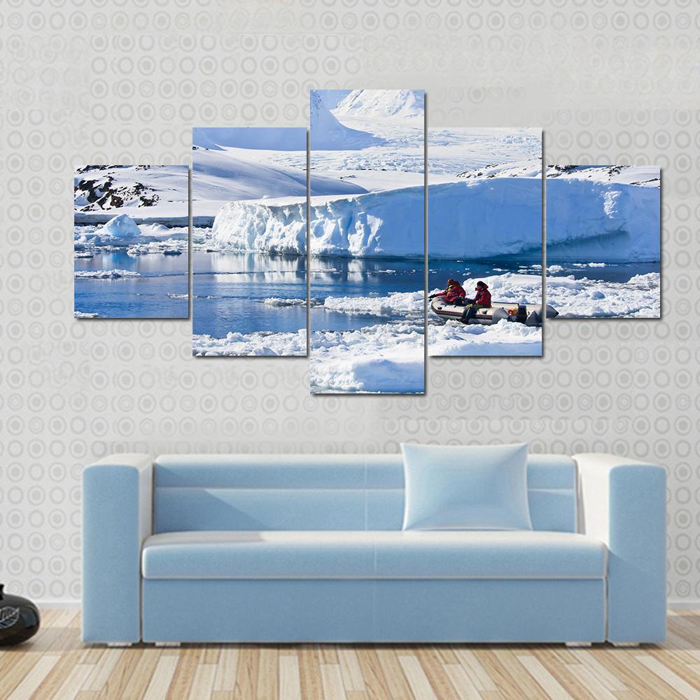 Two Men In The Boat In Antarctica Canvas Wall Art-5 Star-Gallery Wrap-62" x 32"-Tiaracle