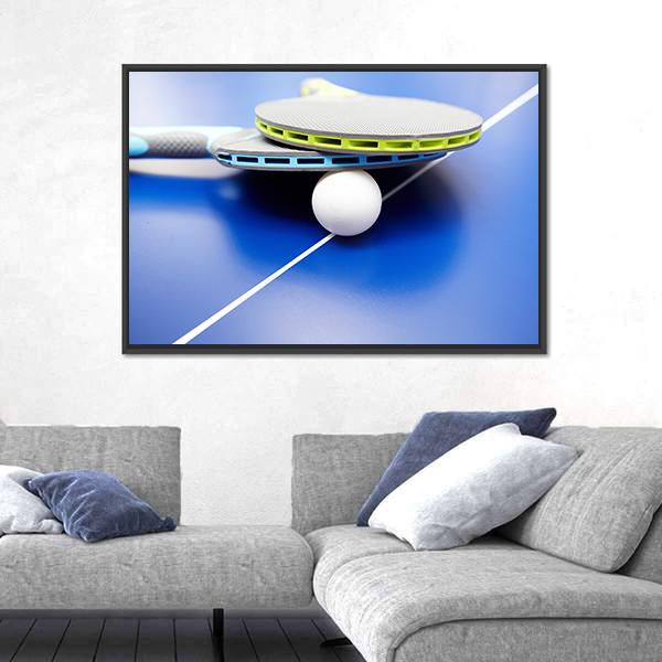 Two Table Tennis Or Rackets And Balls On A Blue Table With Net Canvas Wall Art-1 Piece-Floating Frame-24" x 16"-Tiaracle