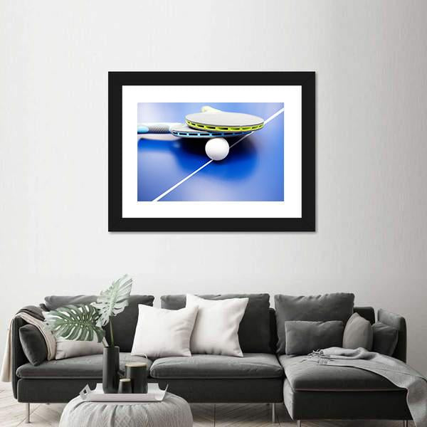 Two Table Tennis Or Rackets And Balls On A Blue Table With Net Canvas Wall Art-1 Piece-Framed Print-20" x 16"-Tiaracle