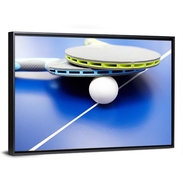 Two Table Tennis Or Rackets And Balls On A Blue Table With Net Canvas Wall Art-3 Horizontal-Gallery Wrap-25" x 16"-Tiaracle