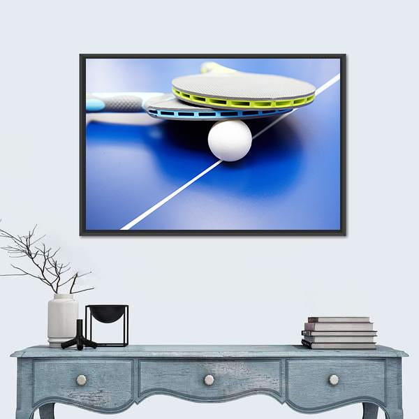 Two Table Tennis Or Rackets And Balls On A Blue Table With Net Canvas Wall Art-3 Horizontal-Gallery Wrap-25" x 16"-Tiaracle