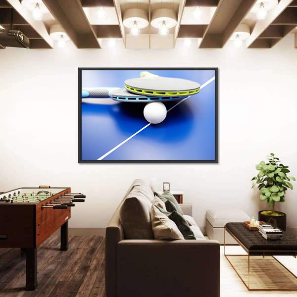 Two Table Tennis Or Rackets And Balls On A Blue Table With Net Canvas Wall Art-3 Horizontal-Gallery Wrap-25" x 16"-Tiaracle