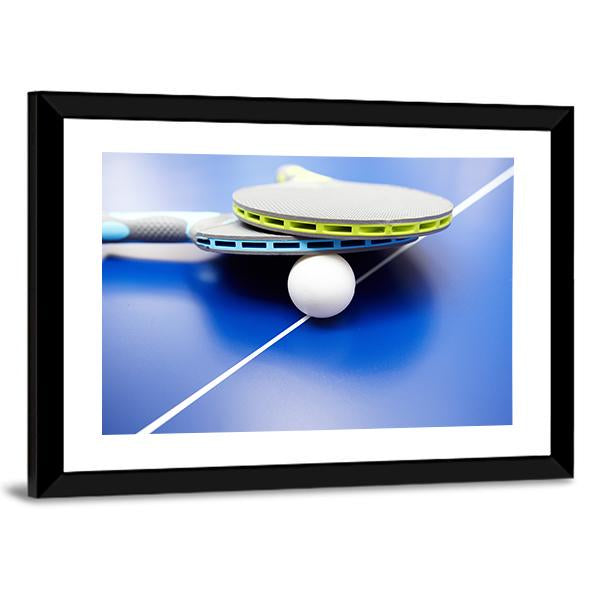 Two Table Tennis Or Rackets And Balls On A Blue Table With Net Canvas Wall Art-3 Horizontal-Gallery Wrap-25" x 16"-Tiaracle