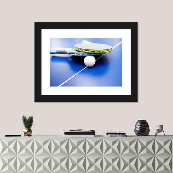 Two Table Tennis Or Rackets And Balls On A Blue Table With Net Canvas Wall Art-3 Horizontal-Gallery Wrap-25" x 16"-Tiaracle