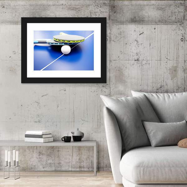 Two Table Tennis Or Rackets And Balls On A Blue Table With Net Canvas Wall Art-3 Horizontal-Gallery Wrap-25" x 16"-Tiaracle