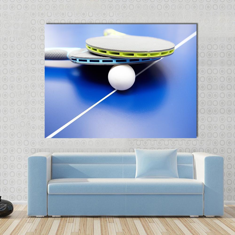 Two Table Tennis Or Rackets And Balls On A Blue Table With Net Canvas Wall Art-1 Piece-Gallery Wrap-48" x 32"-Tiaracle