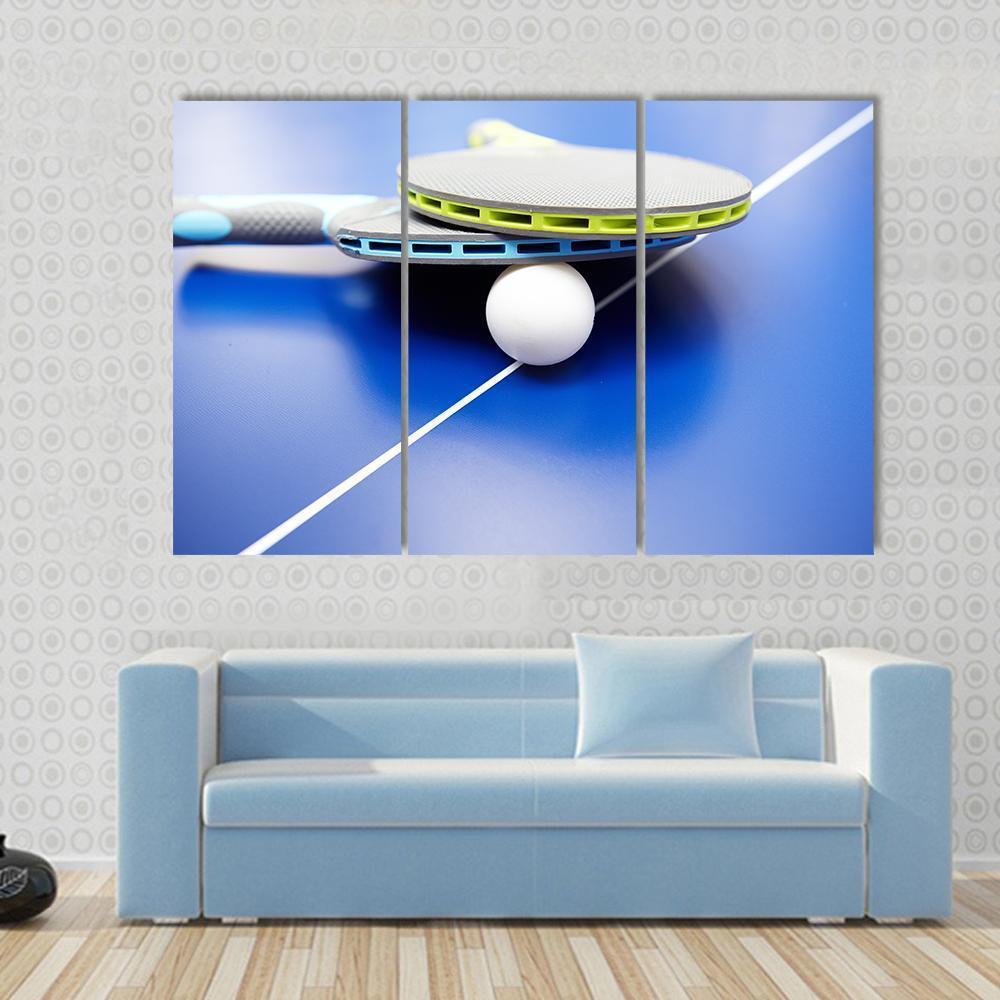 Two Table Tennis Or Rackets And Balls On A Blue Table With Net Canvas Wall Art-3 Horizontal-Gallery Wrap-37" x 24"-Tiaracle