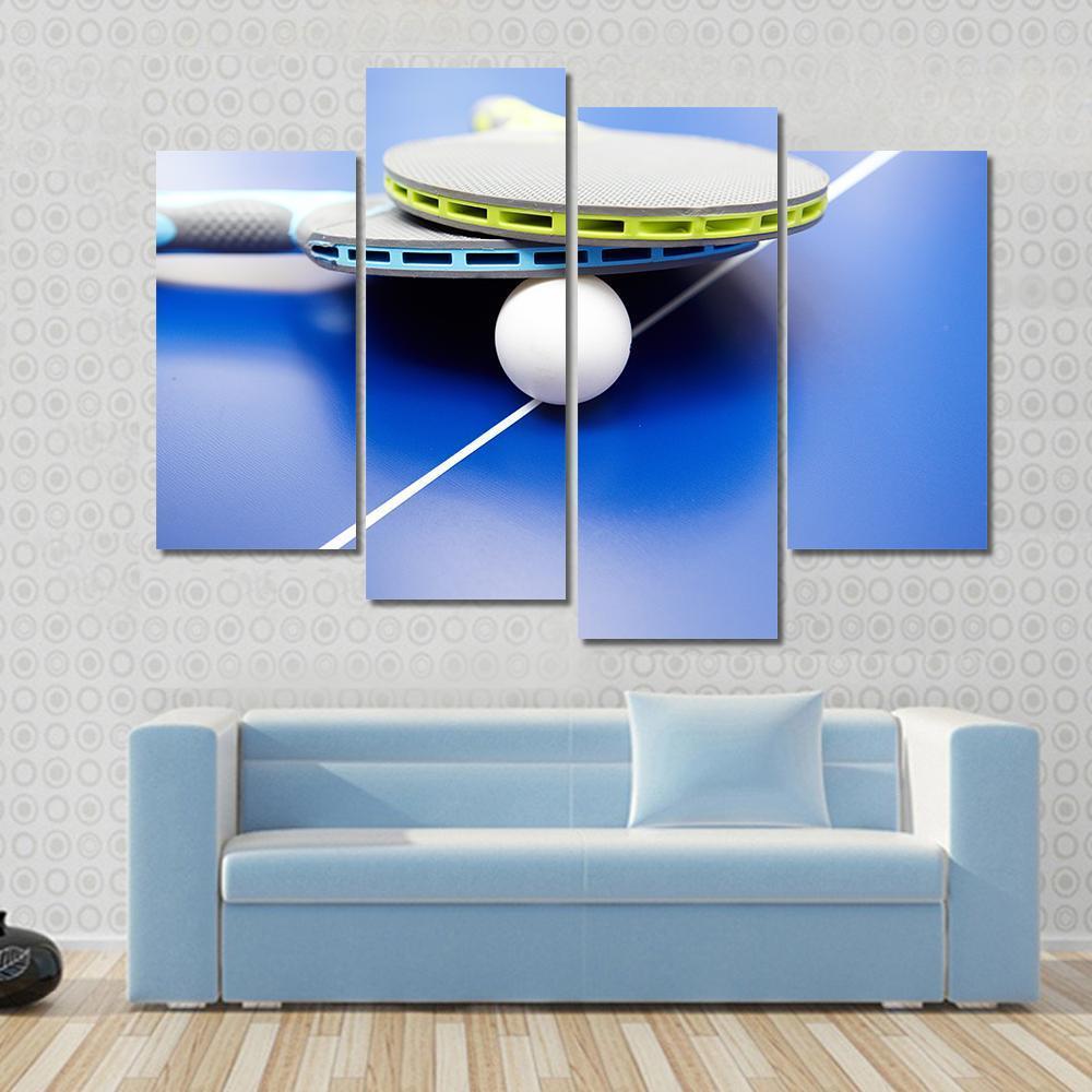 Two Table Tennis Or Rackets And Balls On A Blue Table With Net Canvas Wall Art-4 Pop-Gallery Wrap-50" x 32"-Tiaracle