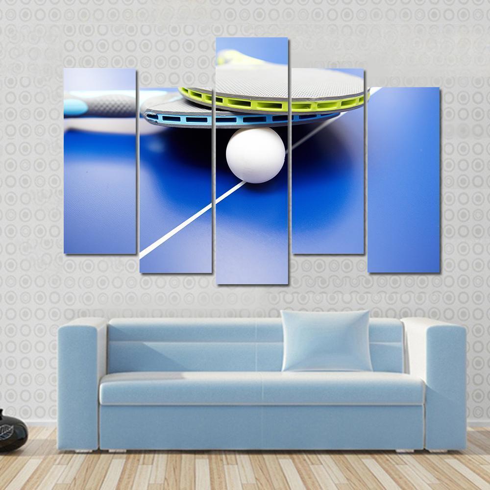 Two Table Tennis Or Rackets And Balls On A Blue Table With Net Canvas Wall Art-5 Pop-Gallery Wrap-47" x 32"-Tiaracle