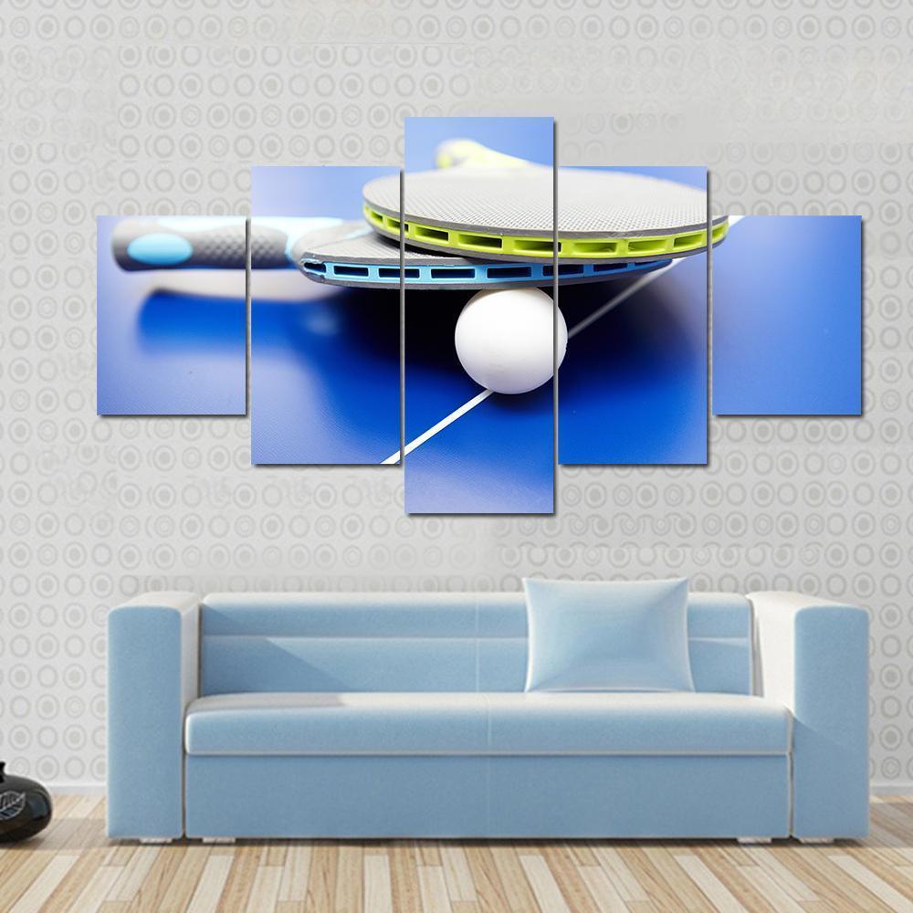 Two Table Tennis Or Rackets And Balls On A Blue Table With Net Canvas Wall Art-5 Star-Gallery Wrap-62" x 32"-Tiaracle