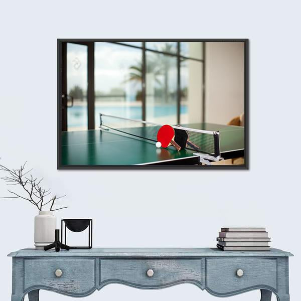 Two Table Tennis Or Rackets And Balls On A Green Table With Net Canvas Wall Art-3 Horizontal-Gallery Wrap-25" x 16"-Tiaracle