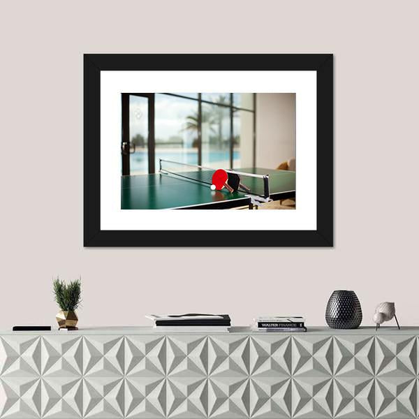 Two Table Tennis Or Rackets And Balls On A Green Table With Net Canvas Wall Art-3 Horizontal-Gallery Wrap-25" x 16"-Tiaracle