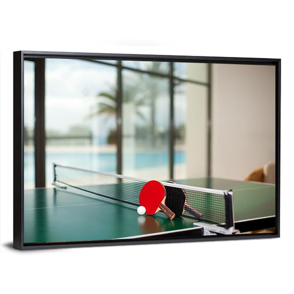 Two Table Tennis Or Rackets And Balls On A Green Table With Net Canvas Wall Art-3 Horizontal-Gallery Wrap-25" x 16"-Tiaracle