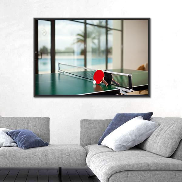 Two Table Tennis Or Rackets And Balls On A Green Table With Net Canvas Wall Art-1 Piece-Floating Frame-24" x 16"-Tiaracle