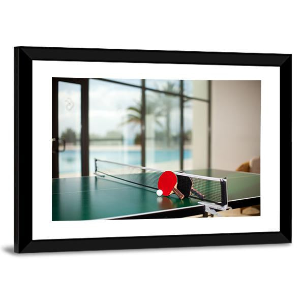 Two Table Tennis Or Rackets And Balls On A Green Table With Net Canvas Wall Art-3 Horizontal-Gallery Wrap-25" x 16"-Tiaracle