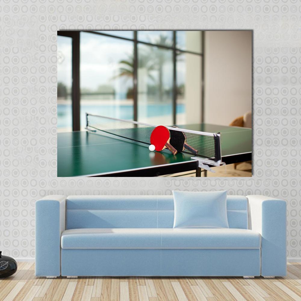 Two Table Tennis Or Rackets And Balls On A Green Table With Net Canvas Wall Art-1 Piece-Gallery Wrap-48" x 32"-Tiaracle